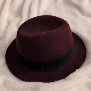 Wide-Brim Fedora Hat in Deep Burgundy with Black Band Unisex